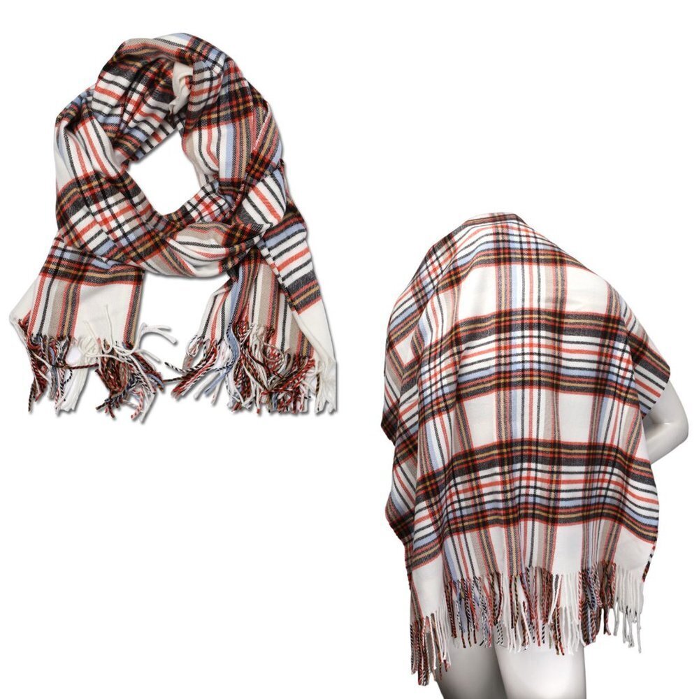 Plaid Indigo Flocked Scarf Super Soft Acrylic Faux Cashmere Long Shawl Wrap Cozy